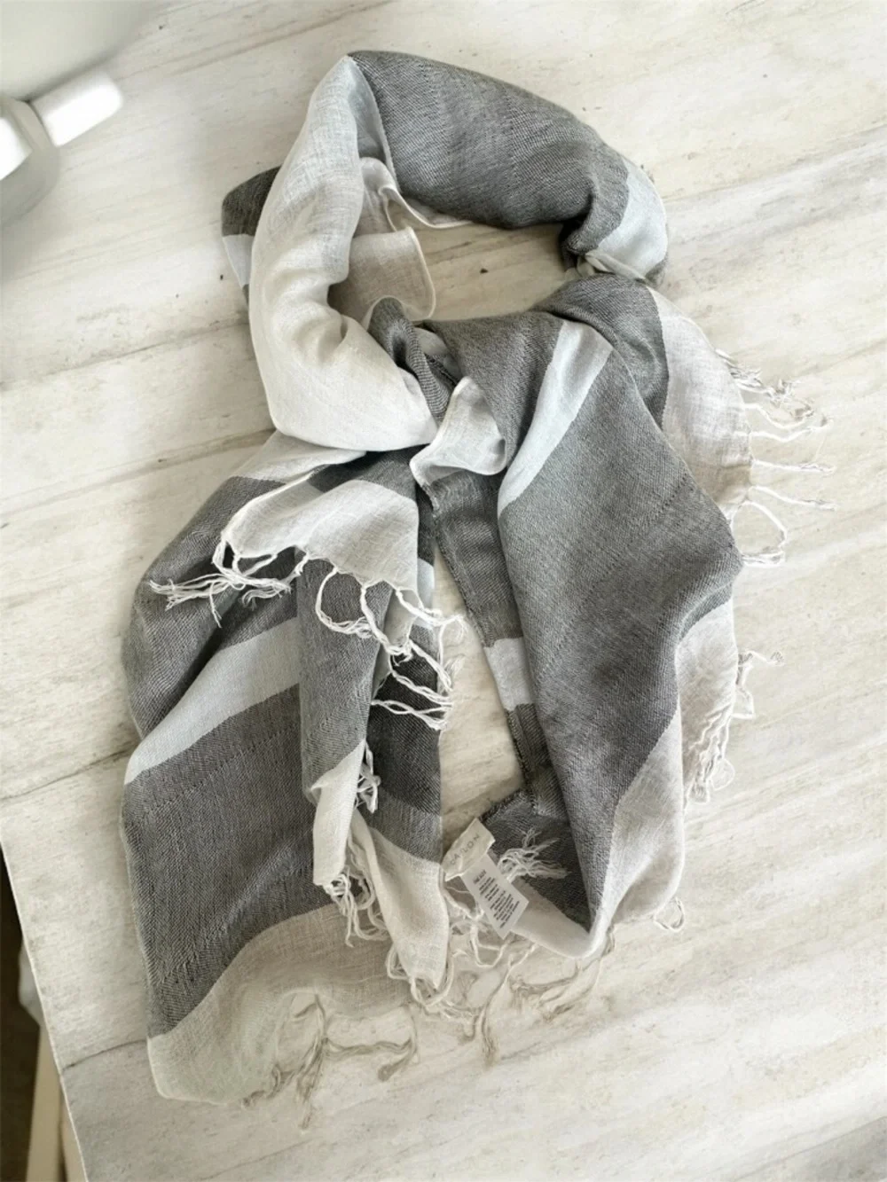 Caslon Linen Blend Lightweight Gray and Cream Striped fringe Scarf‎ wrap 29”x74”